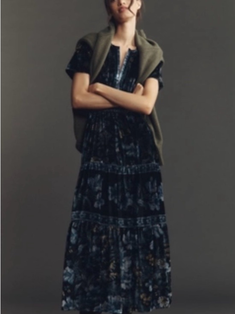 NWT Anthropologie Velvet Floral Somerset Midi Dress in Deep Blue-Black - Picture 2 of 11